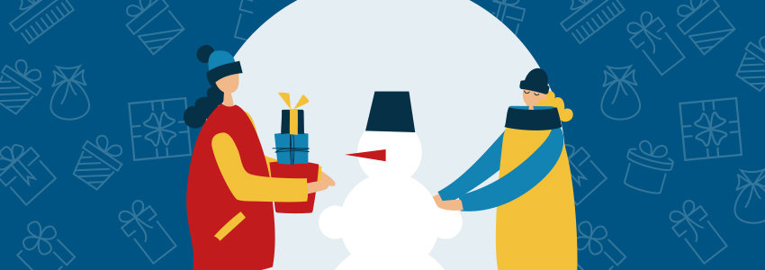 Illustration: Zwei Personen halten Geschenke in der Hand und bauen auch einen Schneemann.