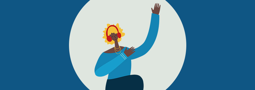 Illustration: une femme écoute de la musique et lève le bras.